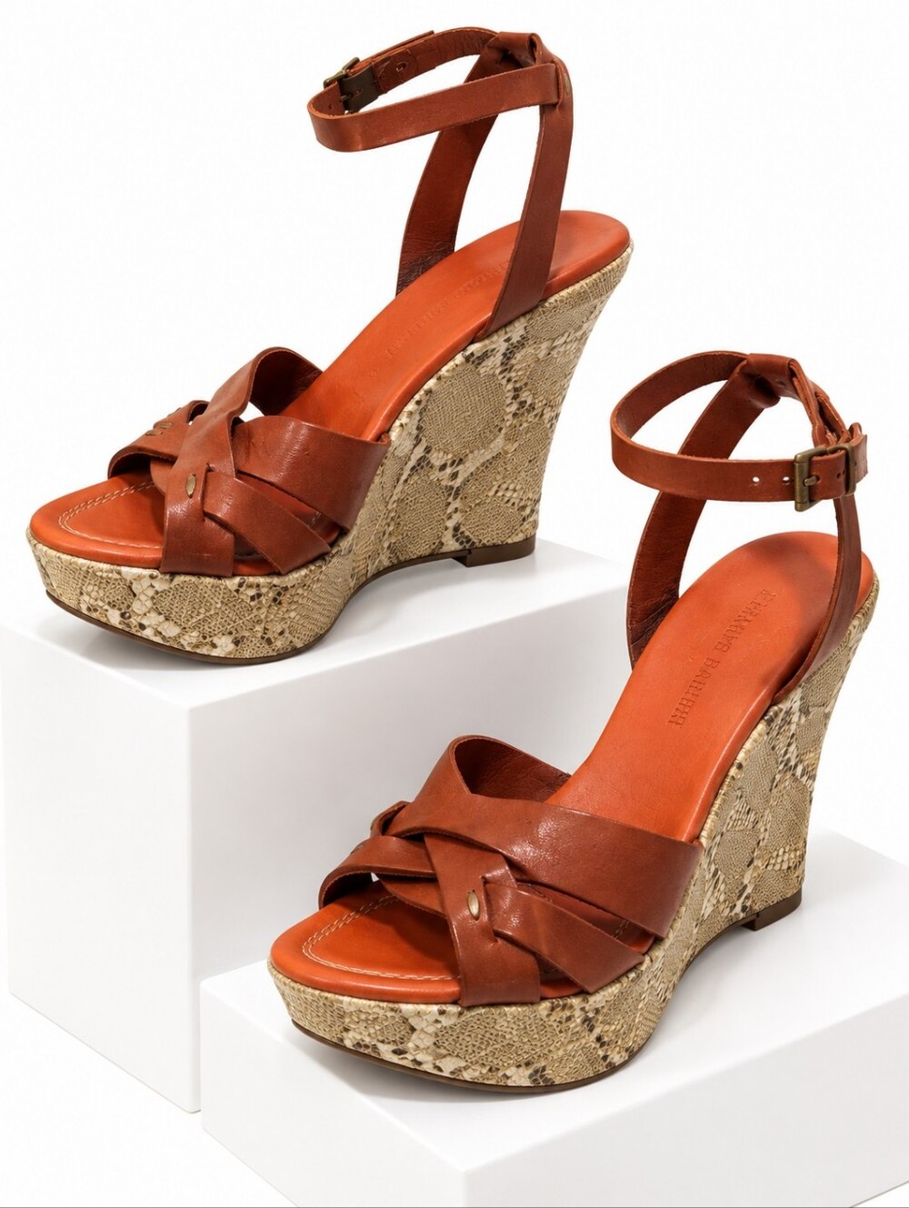 Franco Barbieri Leather Snakeskin Wedge Sandals Burnt Orange 8